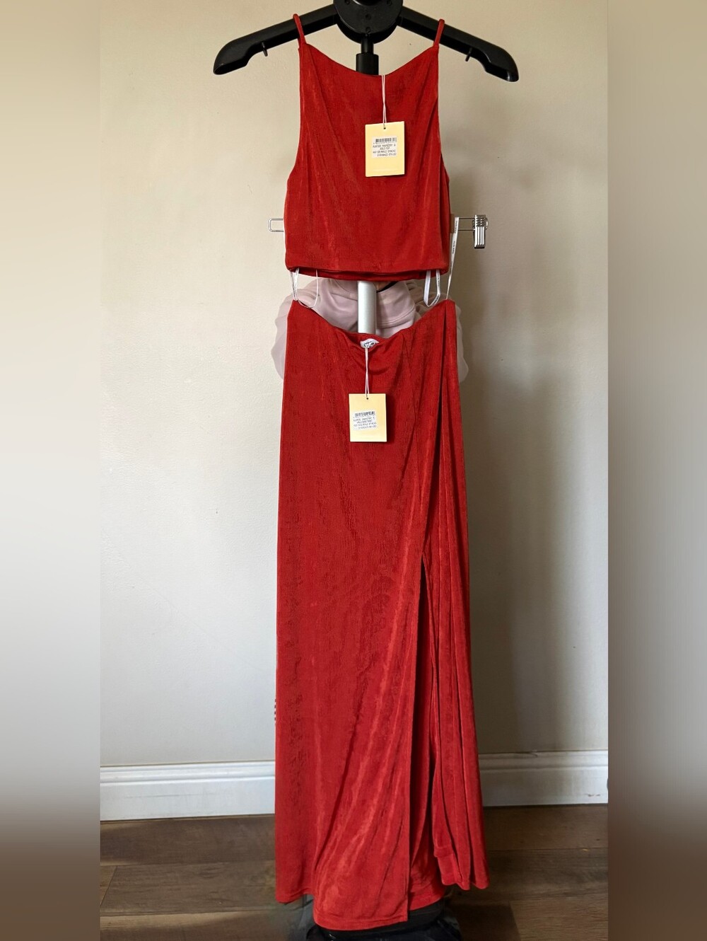 Charlie Holiday Red Velvet Two-Piece Maxi Skirt Set